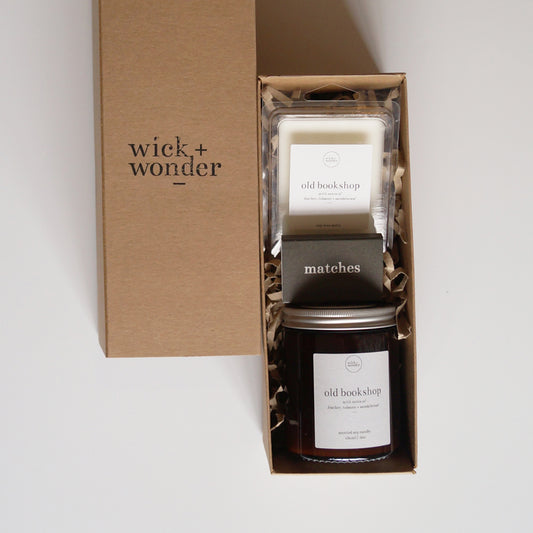 Book Lover Candle Bundle – Bookish Candle + Matches + Wax Melts