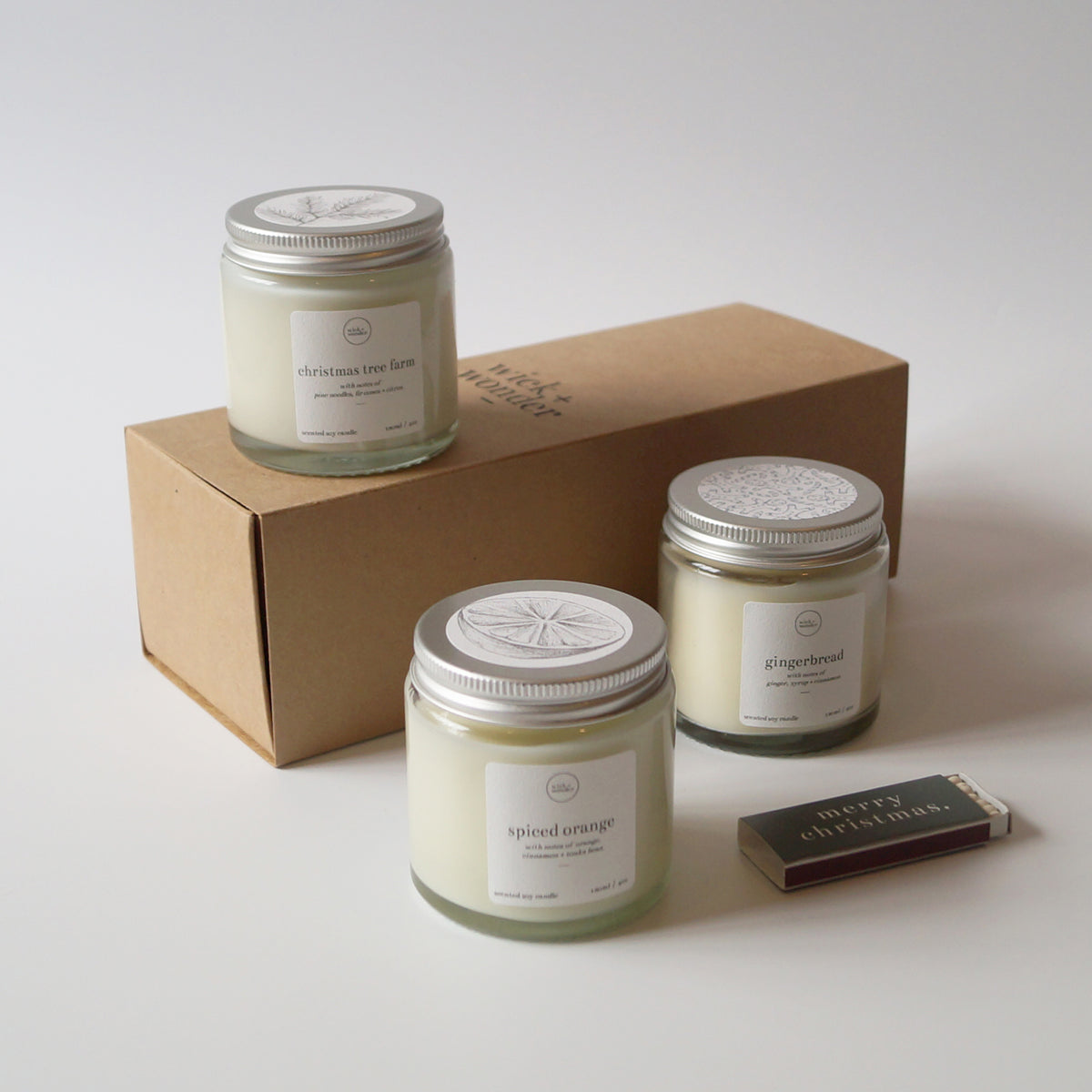 Festive Bundle – 3 x Mini Christmas Candles + 'Merry Christmas' Matches