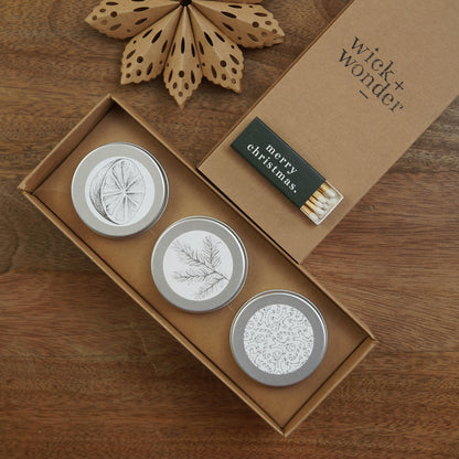 Festive Bundle – 3 x Mini Christmas Candles + 'Merry Christmas' Matches